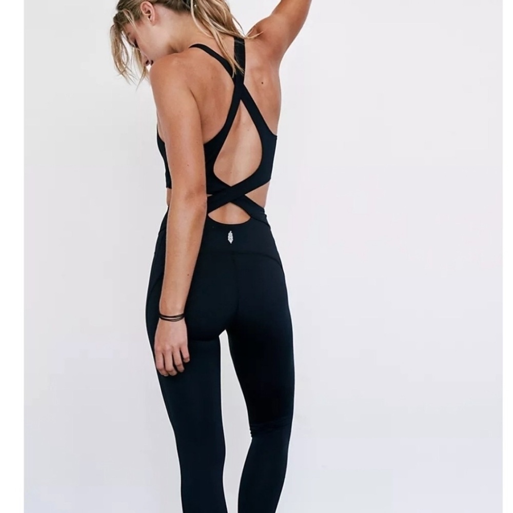 Free People movement back it up jumpsuit black open back criss cross Strap NWOT - Picture 2 of 6